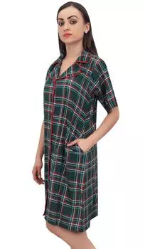 Bimba Check Print Green Women Sleepshirt Sleepwear Button - Front Nightshirt - 14 зелёный