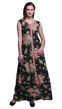 Bimba Черное цветочное печатное женское дизайнерское платье с воротником-стойкой Anarkali Индийская этническая курта Large жёлтый