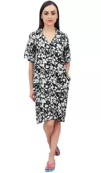 Бимба Цветочный принт Черная женская ночная рубашка с зубчатым воротником Пижамная рубашка - 10 чёрный