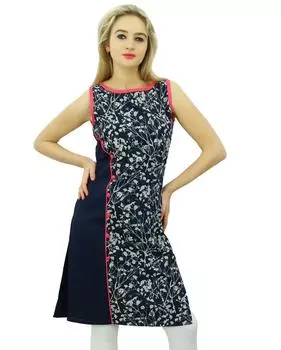 Bimba Цветочный Темно-Синий Хлопок Курта Туника Индийский Дизайнер Курти Без Рукавов 12 темно-синий