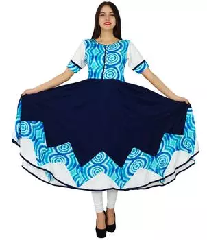 Bimba Дизайнерская индийская одежда Темно-синий вискоза с принтом Kurta Flaired Kurti Chic 10 темно-синий