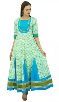 Bimba Green Designer Flaired Kurti Хлопковая куртка с принтом и помпонами Classic Chic Maxi 10 зелёный