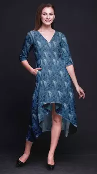 Бимба Хлопок Синий Грани Треугольники Геометрические Женские V-образным Вырезом Асимметричный Карман ShiftA Платье С Коротким Рукавом Large синий