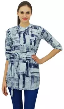 Bimba Indian Grey Tunic Top Хлопок с принтом Воротник-стойка Шея 3 4 Рукава Блузка Повседневная 10 серый