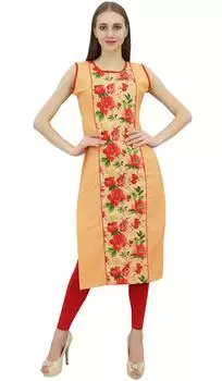 Бимба Индийская женская персиковая хлопковая принтованная прямая курти Этническая повседневная 14 персиковый