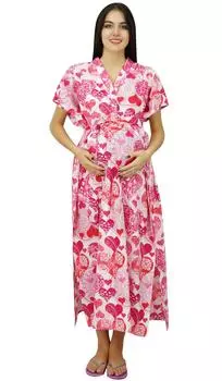 Бимба Кафтан Платье с пуговицами спереди и сзади Печатная одежда для беременных Ночная одежда Кафтан Size: 0-10 | Length - 42-inches розовый