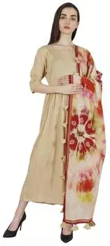 Bimba Kurta Комплект для женщин Этническая расклешенная куртка с брюками и принтом Dupatta Индийский дизайнер 3XL бежевый