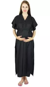 Bimba Maternity Hospital Кафтан с поясом Ночное платье для кормящих из искусственного шелка | Спереди и сзади Size: 0-10 | Length - 42-inches чёрный