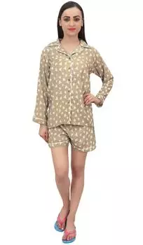 Bimba Olive Green Women Sleepwear Bird Print Shirt & Shorts 2 Pcs Nightwear - 10 оливковое зеленый
