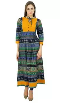 Бимба Печатный Хлопок Anarkali Kurti Контрастная Кокетка Макси Туника Повседневная Бохо 16 разноцветный