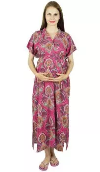 Бимба Родильный дом Кафтан Ночная рубашка для кормления с поясом | Спереди и сзади Size: 0-10 | Length - 42-inches розовый