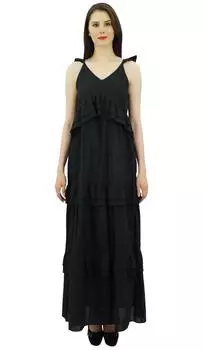 Бимба сексуальный летний сарафан на тонких бретелях V-образным вырезом повседневная рюшами длинный макси-пляж 10 чёрный