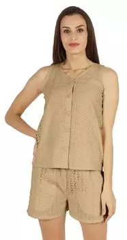 Bimba Sexy Schiffli Nightwear Set для женщин s 2 шт. Лето с v-образным вырезом без рукавов 3XL бежевый