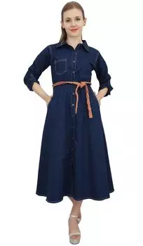 Bimba темно-синее повседневное женское платье трапециевидной формы на пуговицах с завязками на талии Dori - 14 темно-синий