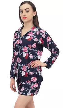 Bimba темно-синяя рубашка с цветочным принтом для женщин, одежда для сна, рубашка и шорты, 2 предмета, одежда для сна - 14 темно-синий
