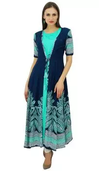 Bimba Women 2 Piece Anarkali Designer Kurti с принтом Shrug Rayon Kurta Maxi 10 синий