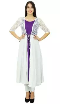 Bimba Women 2 Piece Kurta Kurti Дизайнерская одежда Boho Long Shrug Dress Chic 10 белый