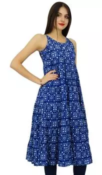 Bimba Women A-Line Flaired Cotton Dress Summer Wear Blue Printed Kurta Kurti Beach 10 синий