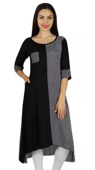 Bimba Women A-Line Rayon Black Kurta Designer Kurti с карманами Асимметричный подол Повседневное лето 10 чёрный