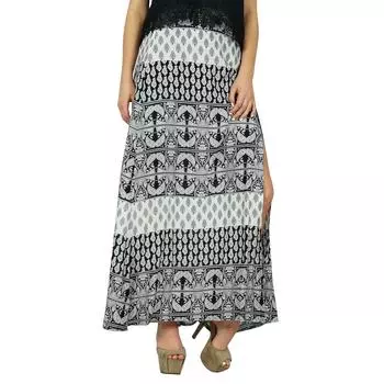 Bimba Women A Line Rayon Печатная юбка Boho Style Maxi Indian Clothing 10 чёрный
