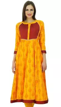 Bimba Women Anarkali Designer Cotton Kurti 3 4 Рукава Ladies Kurta Custom Dress Indian 16 жёлтый