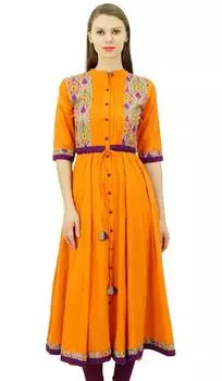 Bimba Women Anarkali Kurti Длинная расклешенная туника из хлопка Kurta Indian Ethnic 10 оранжевый