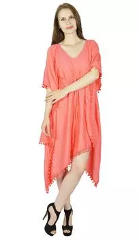 Bimba Women Asymmetrial Cotton Kaftan Peach Rayon Caftan с пляжным помпоном 10 персиковый