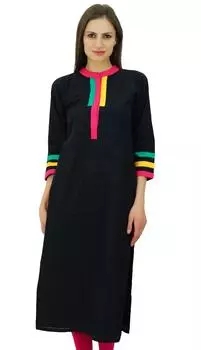 Bimba Women Black Cotton Kurti Regular Fit Straight Kurta Tunic Повседневная повседневная туника 10 чёрный