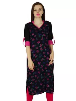 Bimba Women Black Floral Rayon Kurta Kurti Классическая шикарная повседневная блузка-туника 10 чёрный