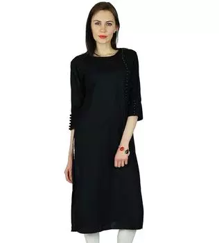 Bimba Women Black Rayon Kurta Kurti 3 4 Рукав Формальная Повседневная Туника Блузка 10 чёрный