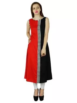 Bimba Women Black & Red Rayon Kurta Long Kurti Indian Blouse без рукавов 10 чёрный