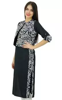 Bimba Women Black Straight Ladies Kurta с принтованной курткой Indian Kurti Tunic Casual 10 чёрный