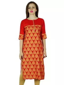 Bimba Women Block Print Красный хлопок Kurta Kurti 3 4 рукава Туника Длинная блузка 10 оранжевый