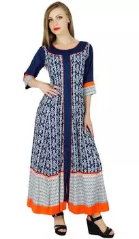 Bimba Women Blue Anarkali Kurta Kurti Модная длинная индийская этническая блузка 14 синий
