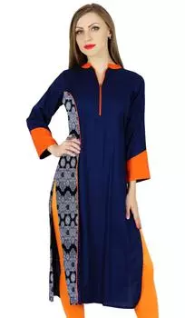 Bimba Women Blue Chic Style Tunic Indian Kurta Kurti Boho Collar Neck Blouse 10 синий