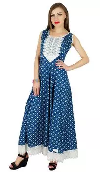 Bimba Women Blue Cotton Anarkali Kurti Long Maxi Kurta без рукавов Повседневная 16 синий