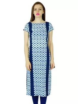 Bimba Women Blue Cotton Kurta Scoop Neck Курти Индийская длинная туника 10 синий