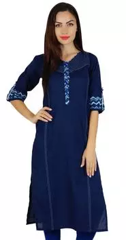 Bimba Women Blue Cotton Kurti 3 4 Рукава Повседневная Курта с карманами Прямая туника 12 синий