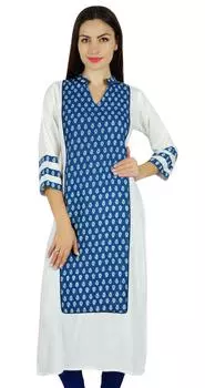 Bimba Women Blue Cotton Long Straight Kurta Kurti Повседневная блузка Летняя одежда 18 синий