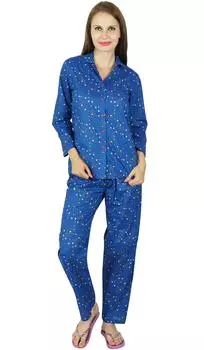 Bimba Women Blue Cotton Night Wear Printed Pajama Set Full Sleeve Shirt with 10 синий