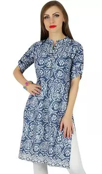 Bimba Women Blue Cotton Tunic Ethinc Summer Kurta Kurti Повседневная повседневная блузка 10 синий