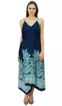 Bimba Women Blue Rayon Асимметричное солнцезащитное платье Spaghetti Stram Boho Chic Beach 10 синий