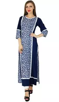Bimba Women Blue Rayon Long Straight Kurta Pannel Kurti Формальная этническая блузка 10 синий