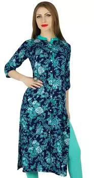 Bimba Women Blue с цветочным принтом Straight Kurti Button-Down Kurta Summer 10 синий