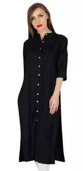 Bimba Women Button Down Black Rayon Kurta Kurti Формальная Туника Блузка 3 4 10 чёрный