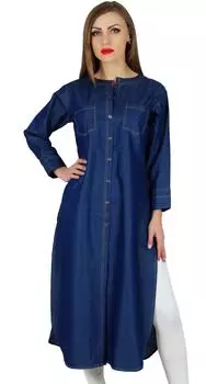 Bimba Women Button Down Denim Blue Kurta Kurti Повседневная туника с длинными рукавами 16 синий