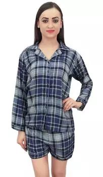 Bimba Women Check Printed Sleepwear Рубашка и шорты на пуговицах, комплект из 2 предметов - 14 темно-синий