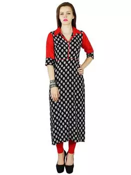 Bimba Women custom Kurta Kurti Rayon с коротким рукавом Летняя туника с длинным топом Блузка Индийская 10 чёрный