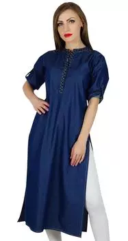 Bimba Women Denim Blue Kurti 3 4 Рукав Повседневная Курта Прямая Туника Блузка 10 синий