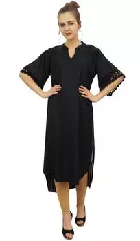 Bimba Women Designer Black High Low Straight Kurti Dress с принтом 10 чёрный